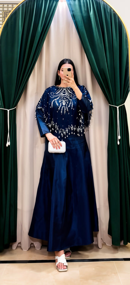 Serene in Sapphire Blue In Viora Majestic Cape & Luxe Crush  Flarry Maxi