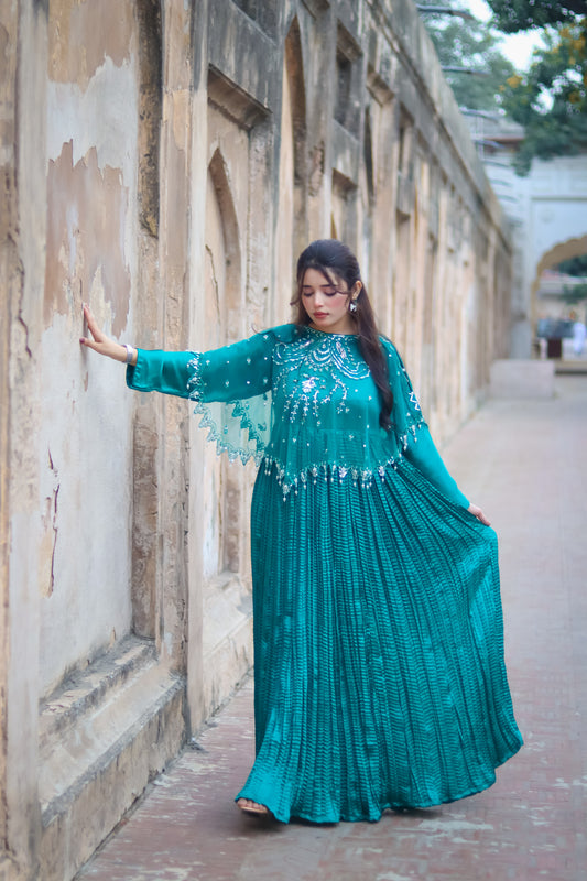Glamour in Green Viora Majestic Cape & Embellished Crush Flare Maxi