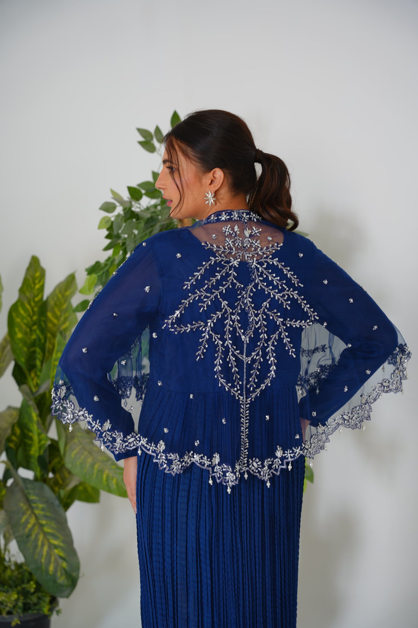 Embelish Latest Majestic Long Back Tail Cape in Navy Blue