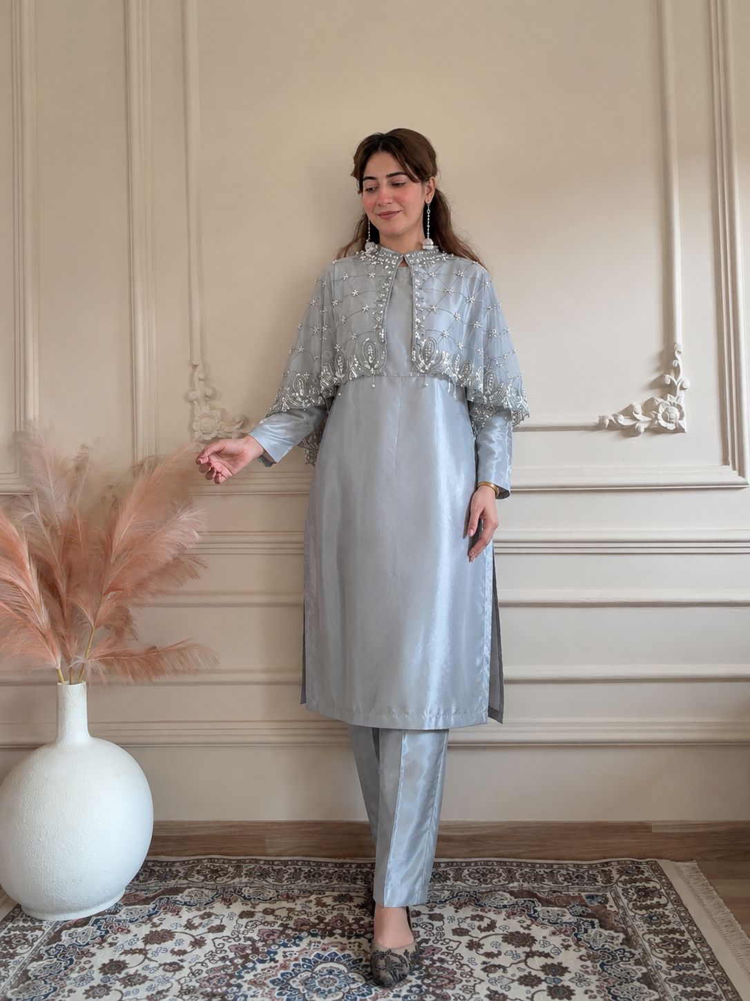 Regal Grid Silver Grey || Hand Embellished Cape with Crush Maxi