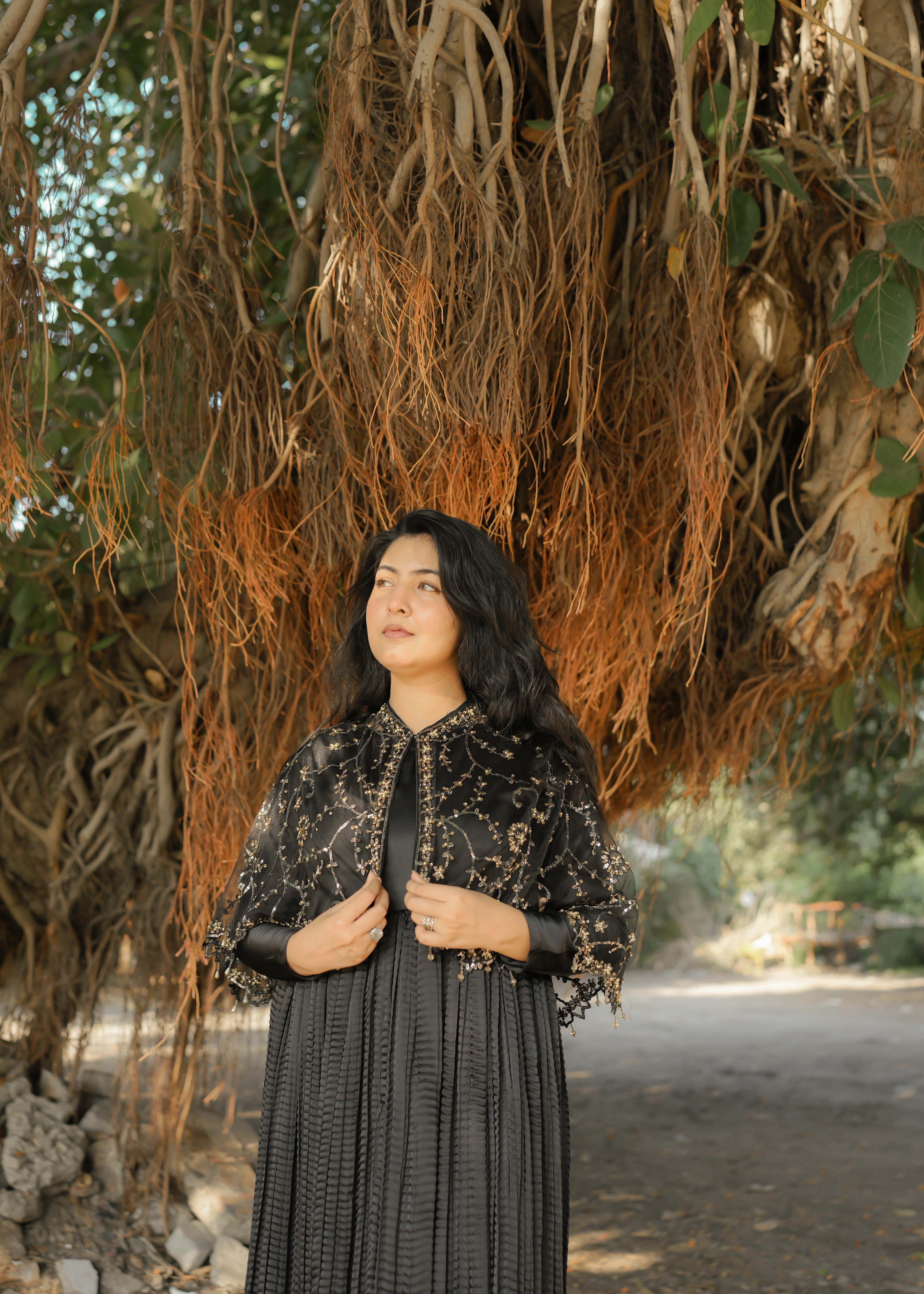 Midnight Allure In Black Arora Allure Cape & Embellished Crush Maxi