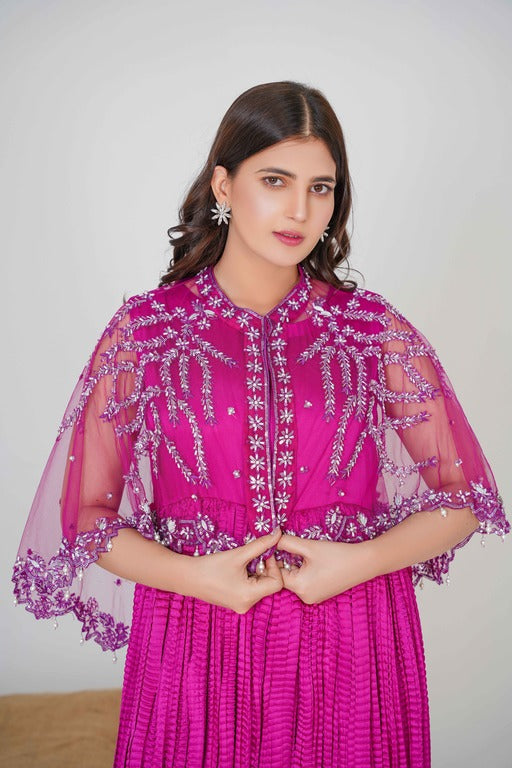 Drape Yourself in Bold Elegance with the Shocking Pink Majestic Back Tail Cape