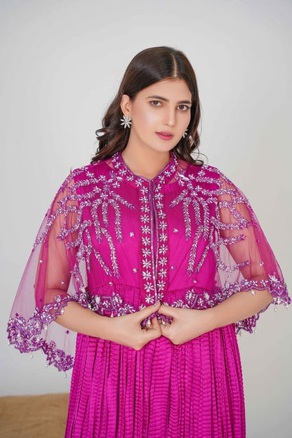 Drape Yourself in Bold Elegance with the Shocking Pink Majestic Back Tail Cape