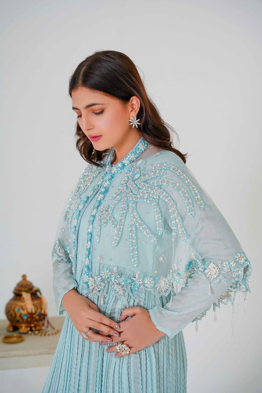 Majestic Long Tail Cape In Stunning Ice Blue