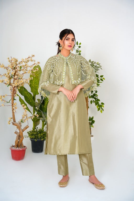 Embrace the enchantment in Pistacho Majestic Long Tail Cape with Suit