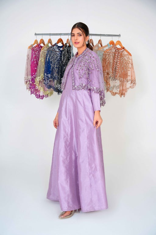 Embelish Lilac in Majestic Long Tail Cape paired with a stunning Double Tone Crush Maxi