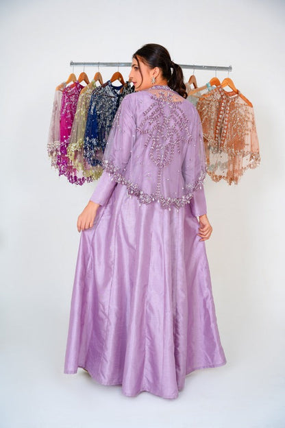 Embrace the enchantment in Lilac Majestic Long Tail Cape with Frock