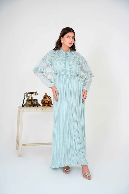 Step into regal elegance with our Majestic Long Tail Cape paired with a stunning Ice Blue Crush Maxi