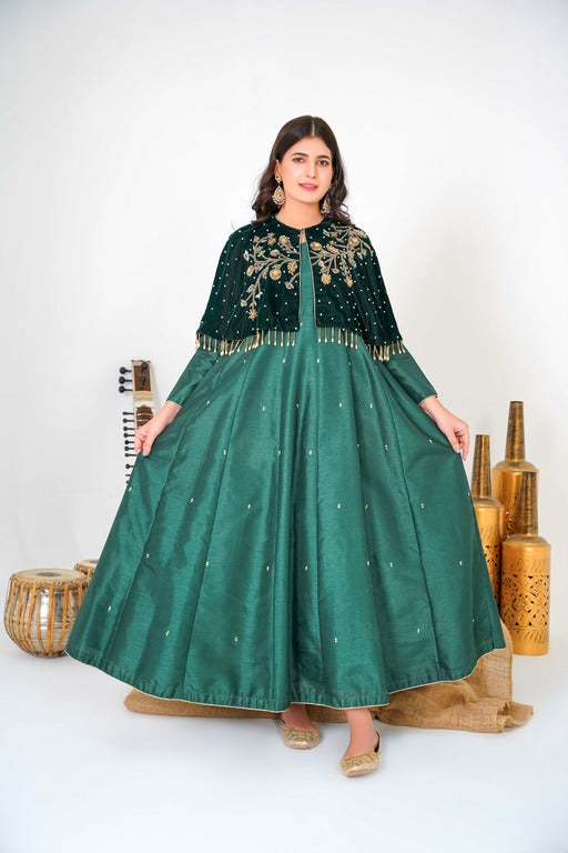 Opulent Look in Velvet Green Majestic Long Tail Cape with Frock