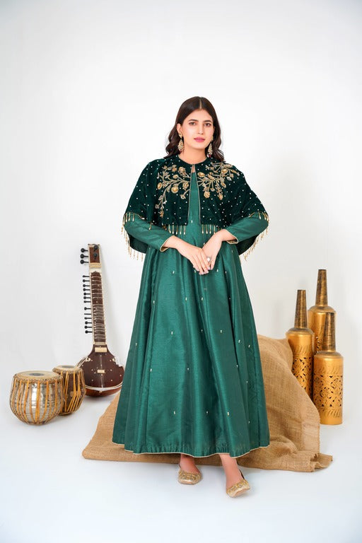 Opulent Look in Velvet Green Majestic Long Tail Cape with Frock