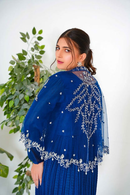 Embelish Latest Majestic Long Back Tail Cape in Navy Blue