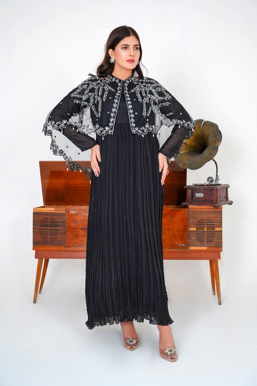 Step into regal elegance with our Majestic Long Tail Cape paired with a stunning Black Crush Maxi