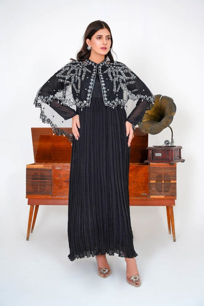 Step into regal elegance with our Majestic Long Tail Cape paired with a stunning Black Crush Maxi