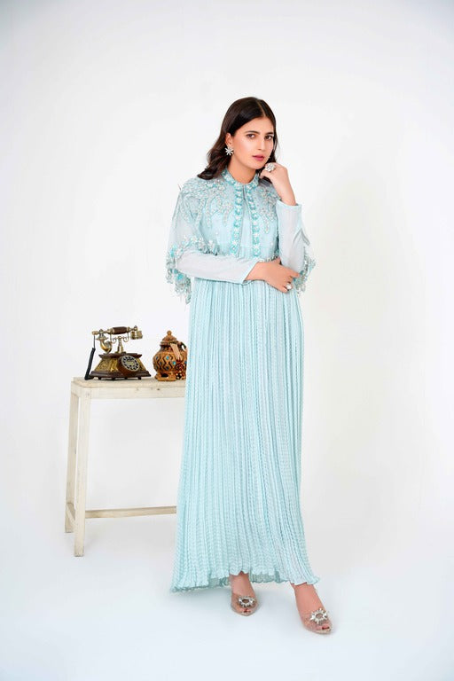 Step into regal elegance with our Majestic Long Tail Cape paired with a stunning Ice Blue Crush Maxi
