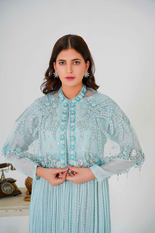 Majestic Long Tail Cape In Stunning Ice Blue