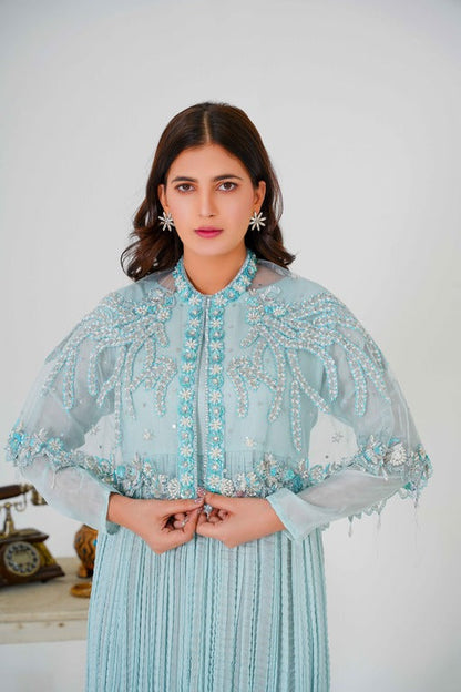 Majestic Long Tail Cape In Stunning Ice Blue