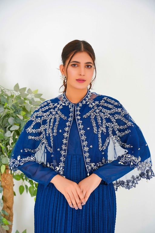 Embelish Latest Majestic Long Back Tail Cape in Navy Blue