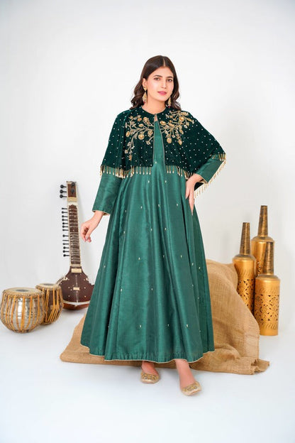 Opulent Look in Velvet Green Majestic Long Tail Cape with Frock