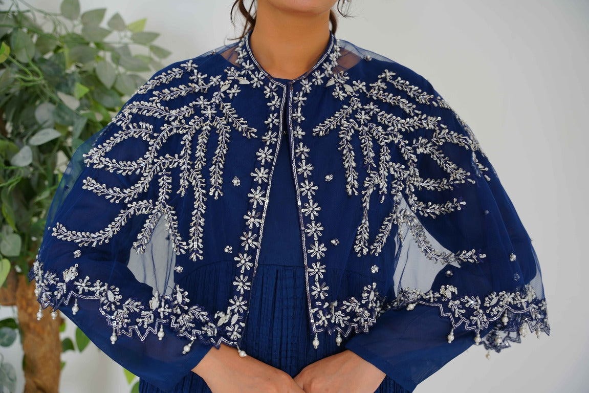Embelish Latest Majestic Long Back Tail Cape in Navy Blue