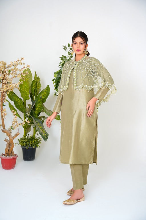 Embrace the enchantment in Pistacho Majestic Long Tail Cape with Suit