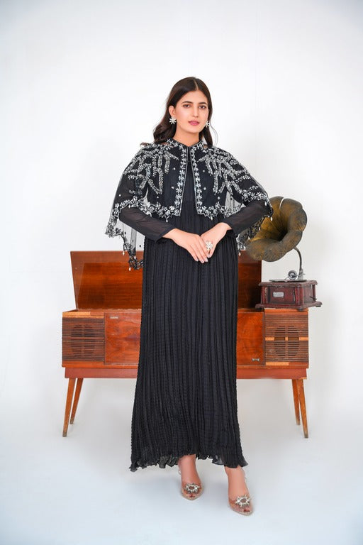 Step into regal elegance with our Majestic Long Tail Cape paired with a stunning Black Crush Maxi