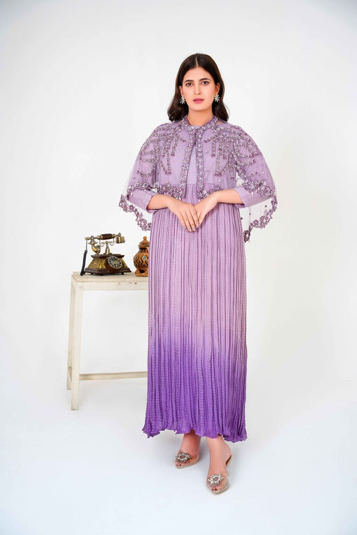 Embelish Lilac in Majestic Long Tail Cape paired with a stunning Double Tone Crush Maxi
