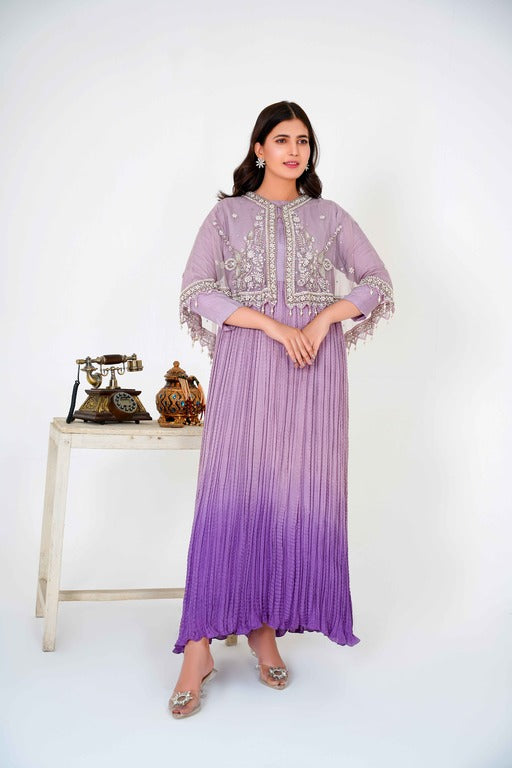 Step into regal elegance with our Majestic Long Tail Cape paired with a stunning Lilac Double Tone Maxi