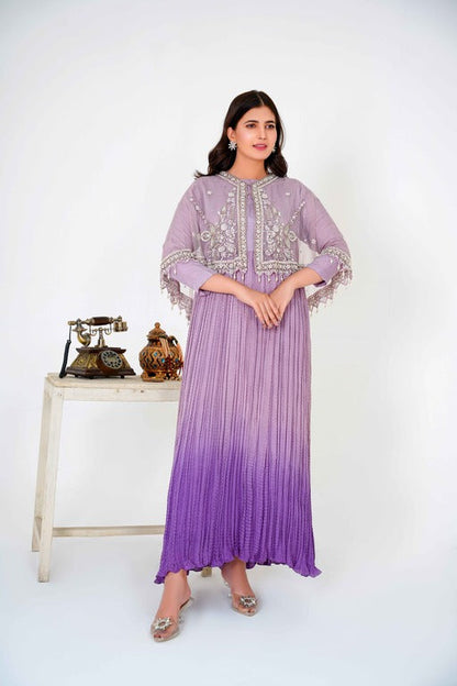 Step into regal elegance with our Majestic Long Tail Cape paired with a stunning Lilac Double Tone Maxi