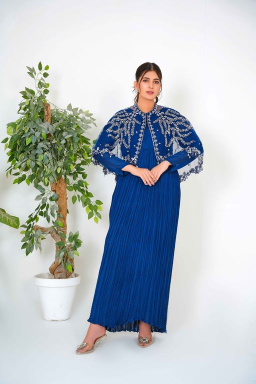 Step into regal elegance with our Majestic Long Tail Cape paired with a stunning Navy Blue Crush Maxi
