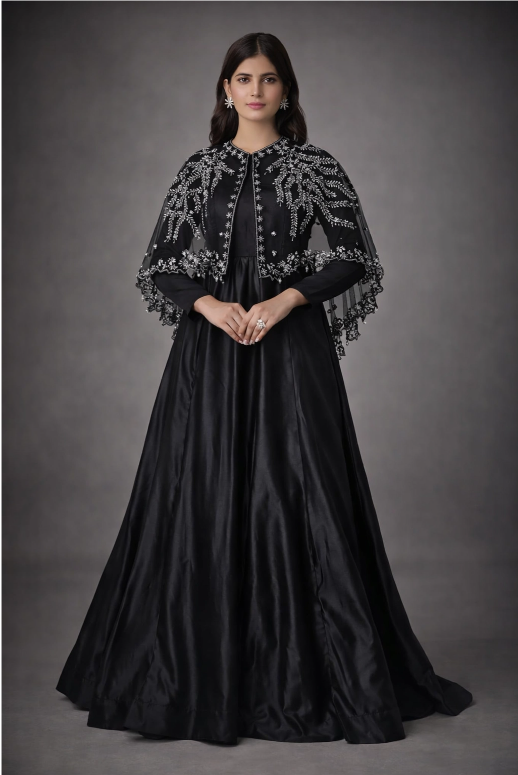 Step into regal elegance with our Majestic Long Tail Cape paired with a stunning Black Crush Maxi