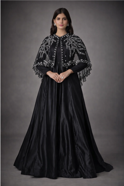 Step into regal elegance with our Majestic Long Tail Cape paired with a stunning Black Crush Maxi